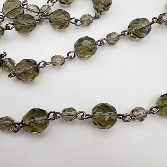 Long Faux Smoky Quartz Beaded Necklace Silver Tone Chain Faceted Beads - Picture 6 of 8
